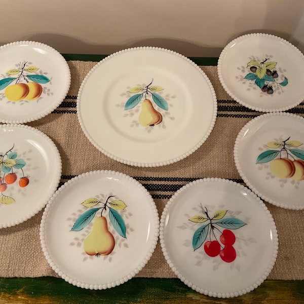 Vintage Westmoreland Milkglass with Fruit Motif Dessert Set, 7 Piece Vintage Beaded Edge  Snack Set, 7 Plates and 1 Platter