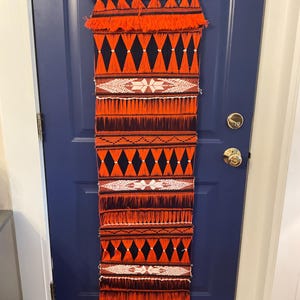 Vintage Handwoven Wall Hanging in Orange, Navy and White, Textile Art from Mid Century, Rare Geometric Pattern and Fringe Woven Wall Art
