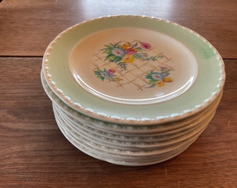 Twelve 6 inch Vintage Crooksville China Company Dessert Plates, Mint Green Borders, Floral Motif in Pink, Yellow, Blue and Green