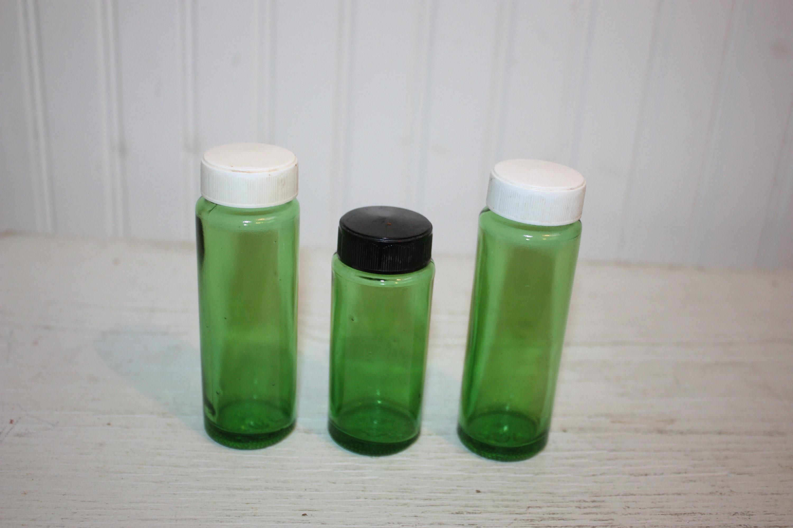 Three Green Glass Vintage Medicine Bottles with Plastic Caps Etsy