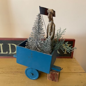 Vintage Blue Wood Toy Wagon with Metal Wheels, Hand Crafted Blue Painted Wood Toy Wagon, Blue Toy Wagon