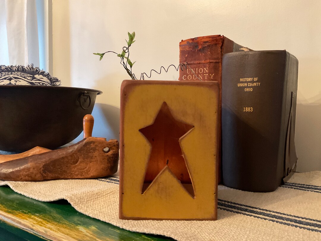 Vintage Wood Candle Box With Cut Out Star, Wood Candle Box With Handle