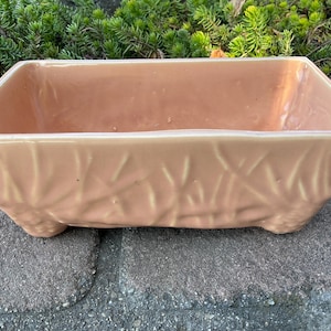 May include: A rectangular peach-colored ceramic planter with a textured, embossed design. The planter has a raised base and is suitable for indoor or outdoor use. The design features a repeating pattern of stylized leaves.