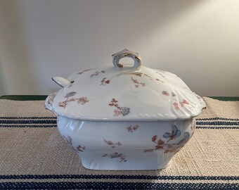 Vintage French Ironstone Square Tureen with Ladle, CFH GDM France, White Ironstone with Floral Design, French Ironstone Tureen