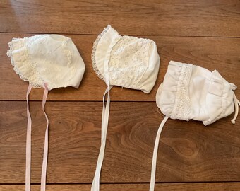 Three Cotton Vintage Baby Bonnets, White Cotton Baby Bonnets with Eyelet and Lace, Baby Bonnets, Vintage