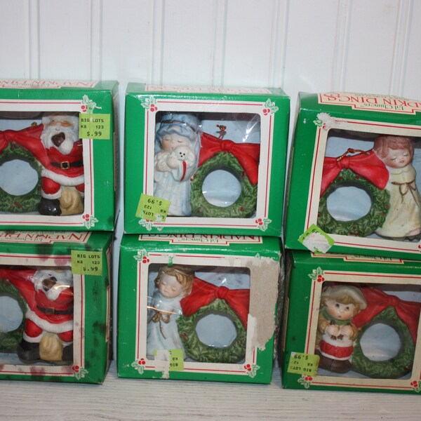 Six Vintage Jasco Napkin Ring Bells, Bisque Porcelain, In Original Box, Two Angels, Two Santas, Drummer Boy and Shepherd