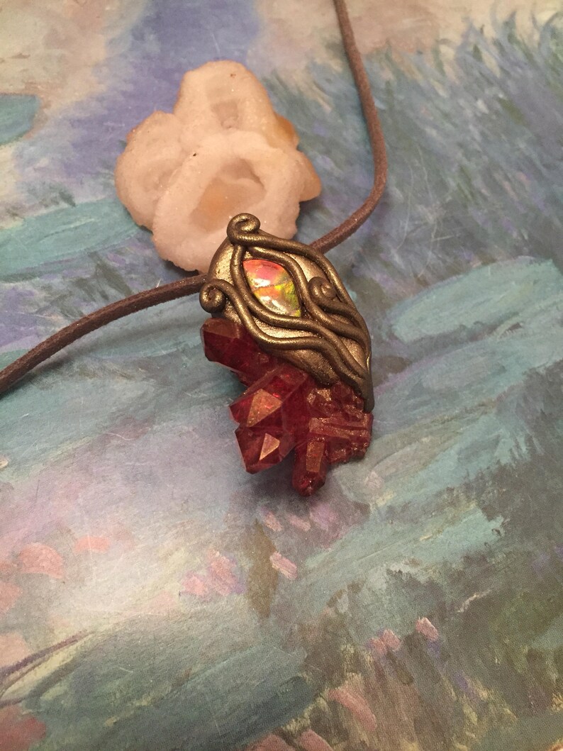 Queen of Hearts RESERVED Divine Diva Necklace Rose Ruby Aura Quartz Cluster Pendant Necklace w Genuine Canadian Ammolite Necklace