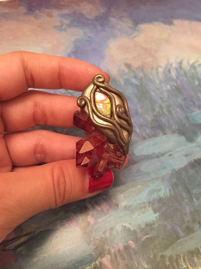 Queen of Hearts RESERVED Divine Diva Necklace Rose Ruby Aura Quartz Cluster Pendant Necklace w Genuine Canadian Ammolite Necklace