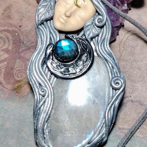 The Crone, Triple Moon Goddess Necklace; Moonstone & Labradorite Pendant. High Priestess Wiccan Pagan Jewelry