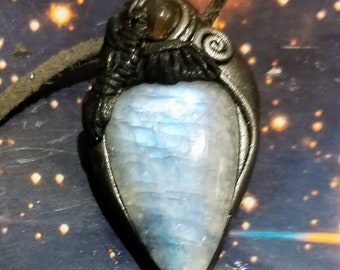 The Morrigan Night Goddess.  Crow Totem Raven Necklace. Wiccan Pagan Jewelry.  Moonstone and  Labradorite Witch Jewelry