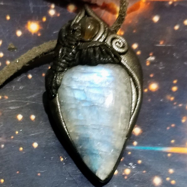 The Morrigan Night Goddess.  Crow Totem Raven Necklace. Wiccan Pagan Jewelry.  Moonstone and  Labradorite Witch Jewelry