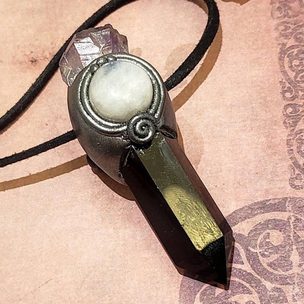 The Oracle Black Obsidian Necklace Moonstone and  Amethyst Pendant. Tarot and Psychic Reading Divination Tools with Healing Crystals.