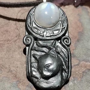 Bastet. Egyptian Cat Goddess Necklace w round moonstone. Bast Pendant. Ancient Egyptian Cat. Black Cat Jewelry