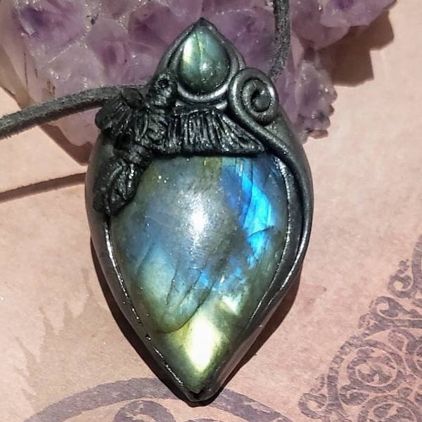 The Morrigan. Crow Raven Necklace. Wiccan Pagan Jewelry. Crow Totem  Moonstone Labradorite Pendant. Heart of the Raven. Witch Jewelry.