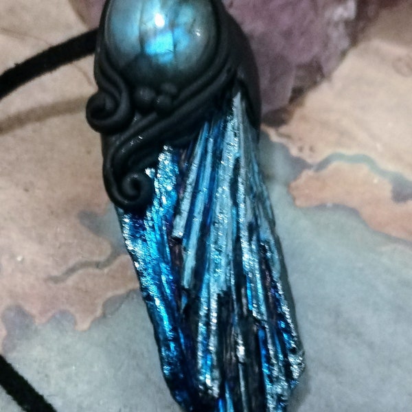 Midnight.  Titanium Rainbow Quartz and Blue Kyanite Necklace Pendant with Labradorite. Aura Quartz Raw Crystal Necklace for energy healing
