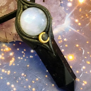 Wicca Shadow Work Jewelry. Tourmaline & Moonstone Protection Pendant. White Witch Wiccan Art