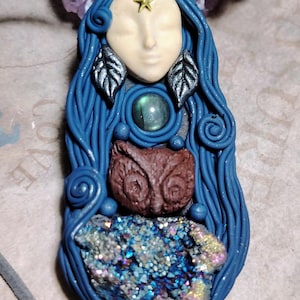 Sophia Goddess Pendant: Rainbow Titanium Quartz, Owl Totem Necklace