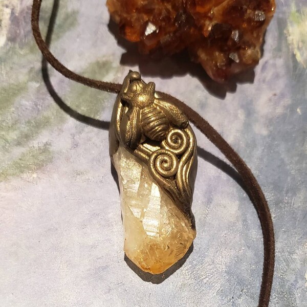 Queen Bee Necklace Raw Citrine Pendant with Fertility Crystals Sacred Honey Bee Totem.  Citrine Stone Necklace