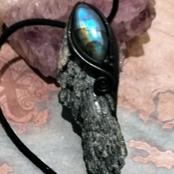 Light and Shadow. Black Kyanite Crystal Pendant. Witch Broom Labradorite Necklace. Rough Stone Spiritual Jewelry