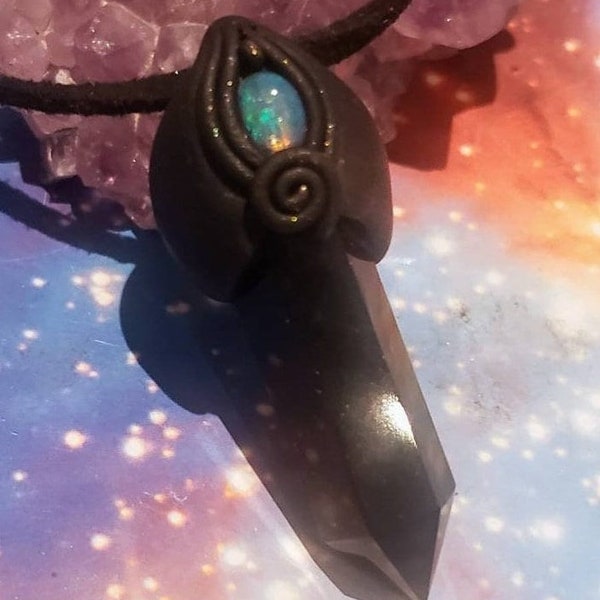 Pleiadian Starseed Black Opal Necklace Clay Crystal Pendant. Pleyades Constellation. Black Fire Opal jewelry. Obsidian Healing Jewelry