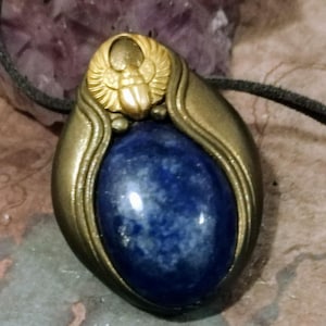 Gold Egyptian Scarab Necklace. Lapis Lazuli Pendant. Egypt Amulet for Luck and Protection Jewelry
