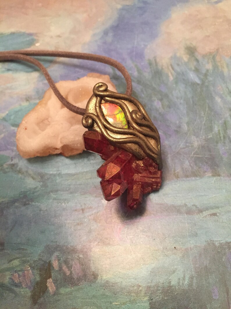 Queen of Hearts RESERVED Divine Diva Necklace Rose Ruby Aura Quartz Cluster Pendant Necklace w Genuine Canadian Ammolite Necklace