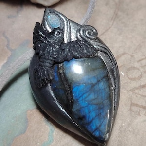 The Morrigan Wiccan Jewelry.  Crow Raven Goddess Necklace. Moonstone & Labradorite Pagan Jewelry