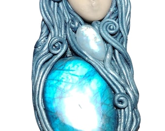 The Crone, Triple Moon Goddess Necklace; Moonstone & Labradorite Pendant. High Priestess Statue Art Jewelry