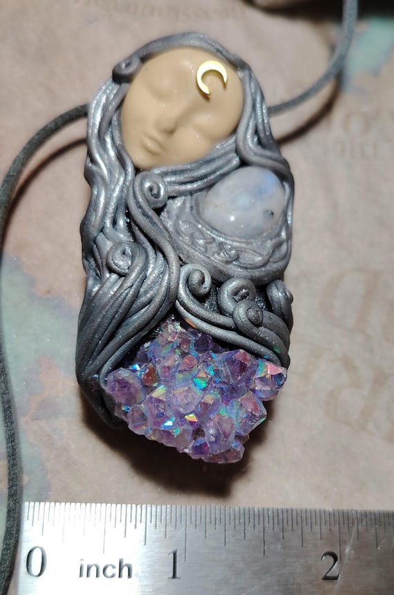 The Crone Goddess  Triple Moon Necklace. Wicca Necklace. Witchy Jewelry with Aura Quartz Crystal Clusters
