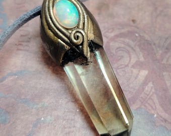 Lakshmi Abundance Goddess. Mexican Opal Necklace Pendant w Citrine . Manifestation Quartz Prosperity Gifts