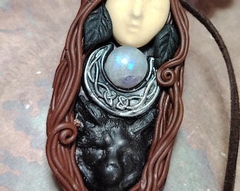 Gaia Wolf Spirit Animal Necklace. Native American Stone Pendant with Moonstone. Spiritual Jewelry