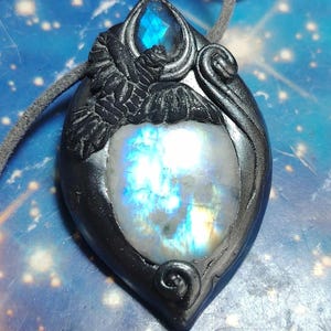 The Morrigan, Wiccan Jewelry. Raven Totem Necklace. Moonstone Labradorite Night Goddess Pendant