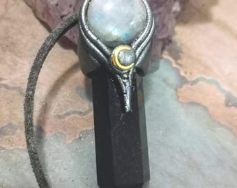 Wicca Witch Protection Necklace. Tourmaline & Moonstone Shadow Work Pendant. Amulet Wiccan Art