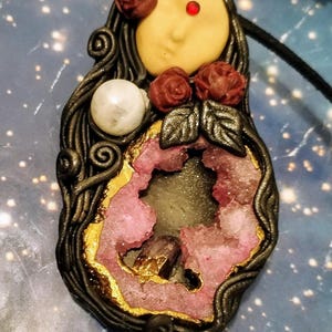 Love Goddess Necklace. Aphrodite Statue Figurine. Rose Aura Quartz & Moonstone Pendant. Venus Altar Jewelry