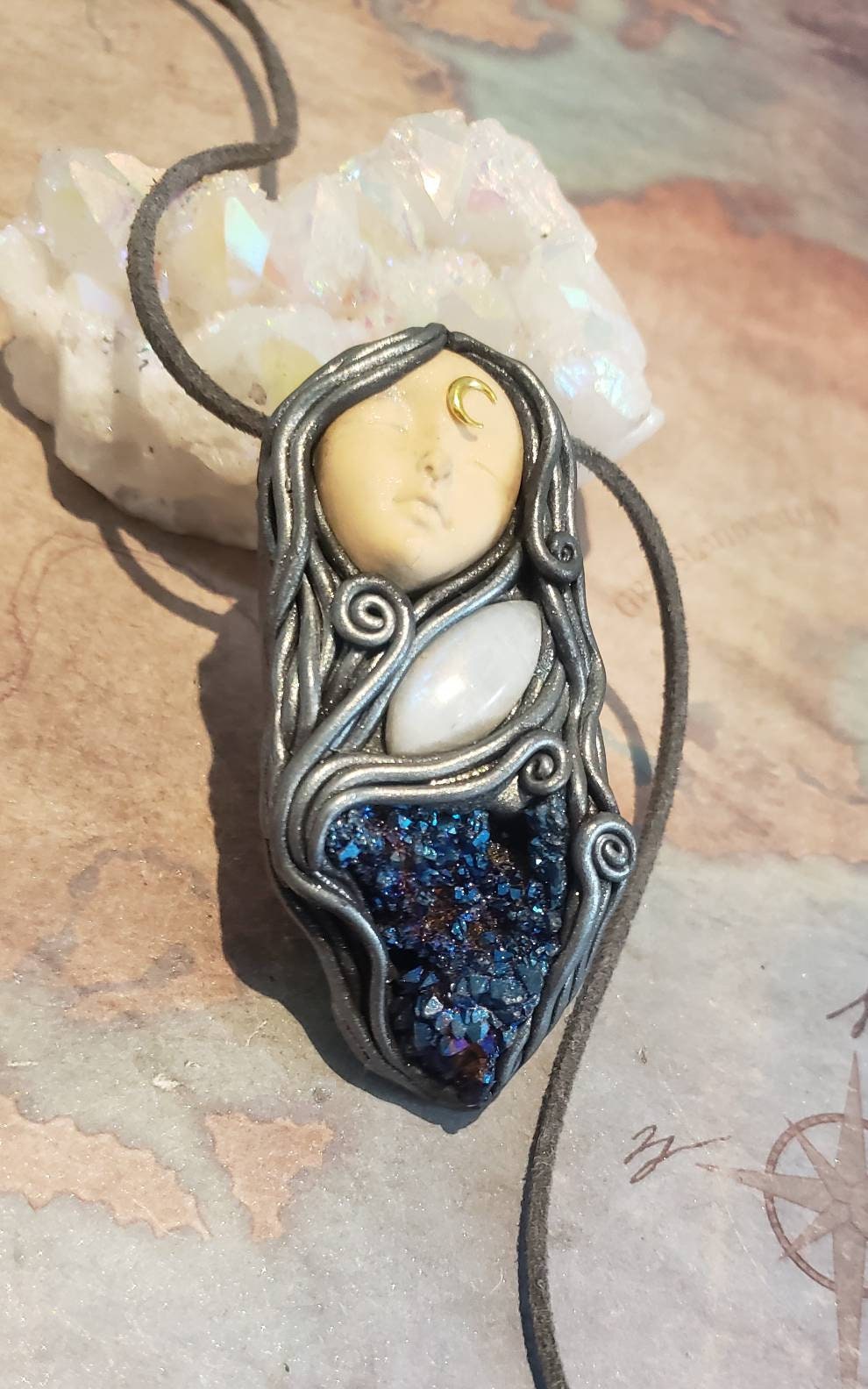 Triple Moon Celestial Goddess Necklace. Clay Goddess Aura | Etsy
