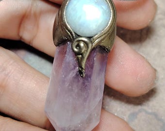 Awakening. Ametrine Gemstone Necklace. Natural Amethyst Citrine Pendant w Moon Stone  Jewelry.