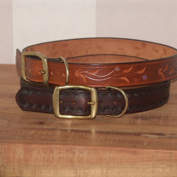 Leather Dog Collar - Hand Tooled - 18, 20 Inch Lengths - Flower, Geometric Patterns on Brown and Tan Leather