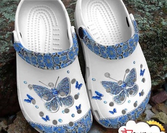 Papillon bleu Bling fleurs bleues croco papillon amoureux fille mère petite amie sabots chaussures