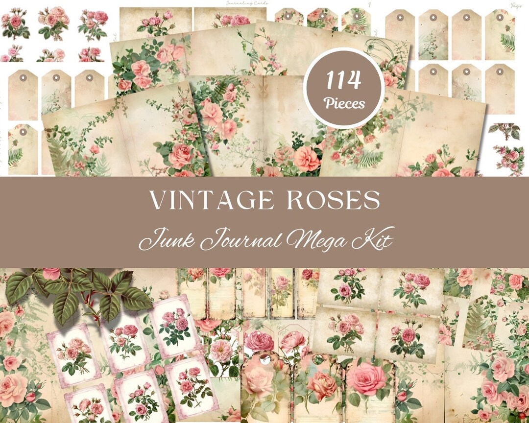 Vintage Roses Junk Journal Kit, Printable Shabby Chic Papers, Junk ...