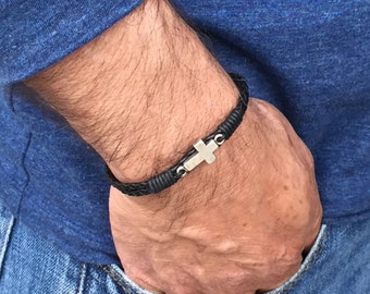 Cross Braided Leather Bracelet for Men Faith Jewelry Religious Gift for Husband Boyfriend Baptism Confirmation Christian Wristband