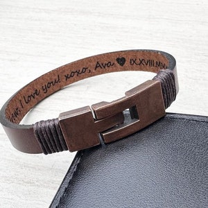 Men&#39;s Engraved Leather Bracelet, Custom Message Cuff, Personalized Wristband, Gift for Him Personalized Gifts for Husband Dad Leather Gifts