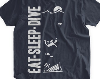 Camiseta "Comer, dormir, bucear", buceo, buzo, barco hundido, cazador de tesoros, barco de buceo, peces, corales, familia, para hombre, mujer, niños