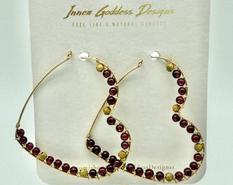 Garnet Heart Hoop Earrings