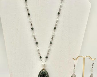 Seraphinite and Selenite Necklace and Earrings set