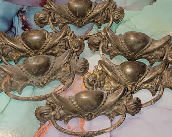 Antique Victorian Brass Batwing Drawer Pulls Set of 6