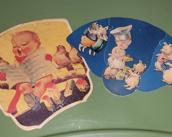 Vintage Pair 1940s Advertising Cardboard Fans Baby and Pigs,  666 Medicine