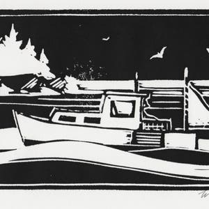 A Linocut Print of a Maine Lobsterboat, 5 x 8 inches