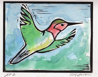 Hummingbird, A Linocut with Watercolor, Original, Signed