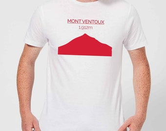 May include: White t-shirt with a red graphic of Mont Ventoux, a mountain in France, with the text "MONT VENTOUX" and "1,912m" printed on the shirt.