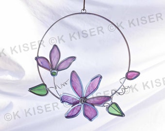 Stained Glass Pink Flower Clematis Suncatcher Spring Window Hanging Mothers Day Gift